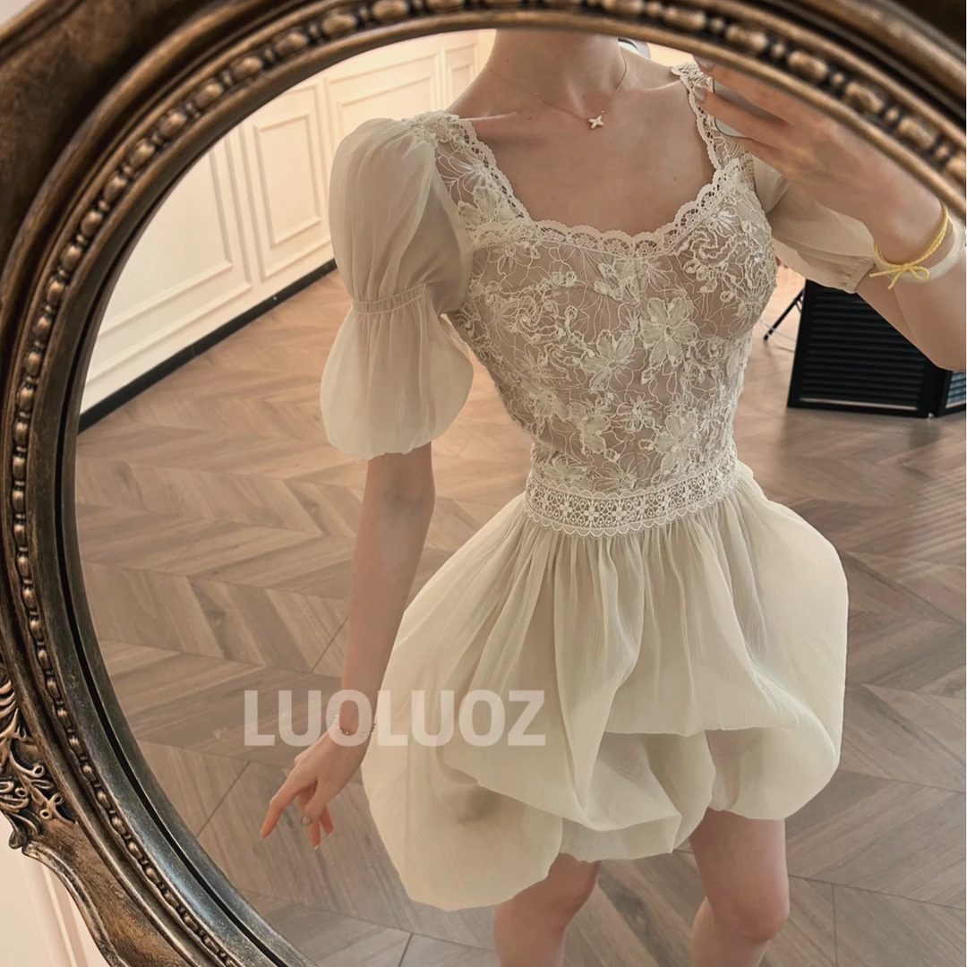 LUOLUOZ【花苞仙裙】温柔风泡泡喇叭袖花苞蓬蓬短款连衣裙JF1362