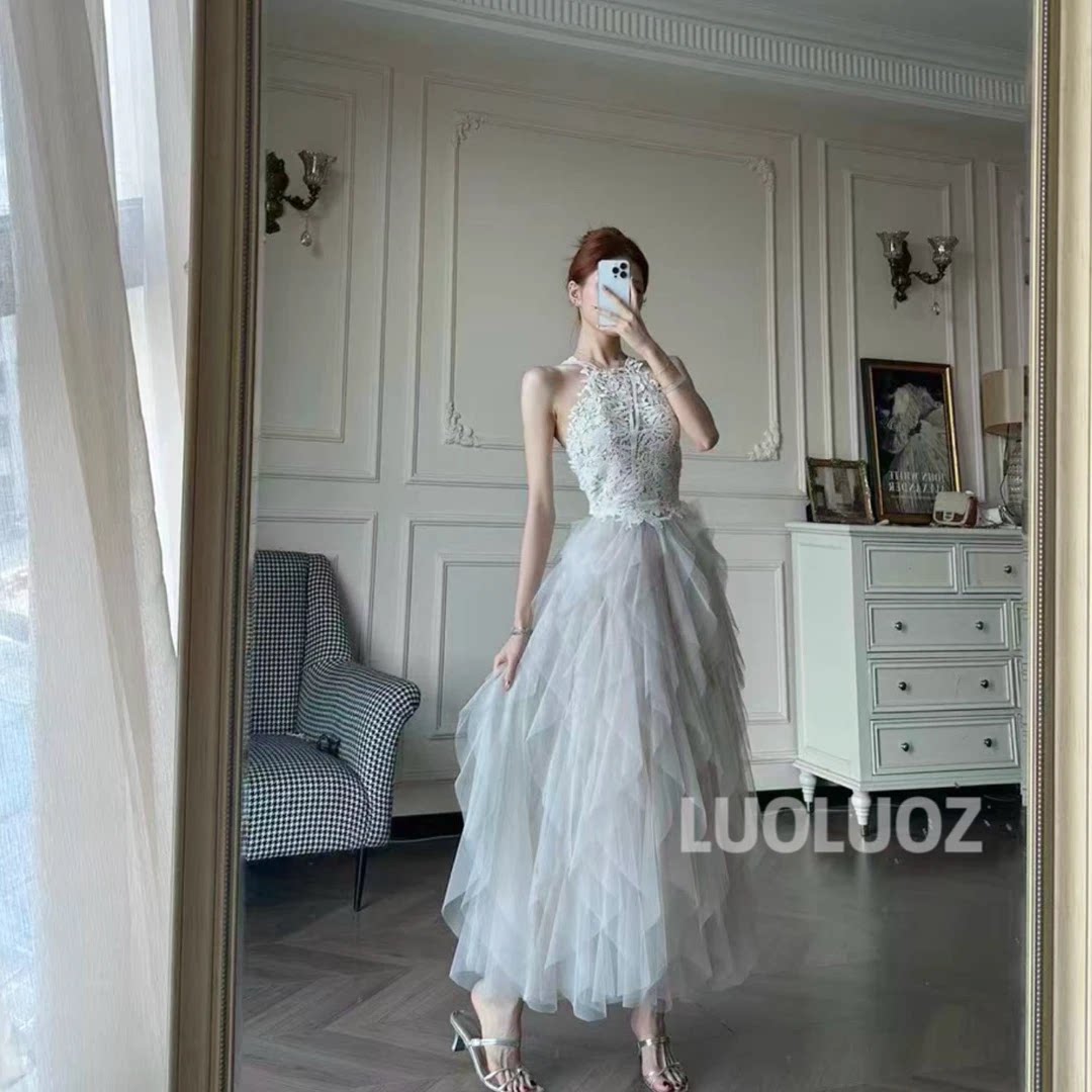 LUOLUOZ芭蕾挂脖蕾丝长款礼服裙图片