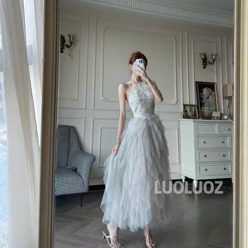 LUOLUOZ芭蕾挂脖蕾丝长款礼服裙