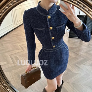 LUOLUOZ【蔚蓝海歌】藏蓝小香风连衣裙女秋冬立领收腰短裙JF1602