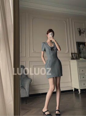 LUOLUOZ【灰漾温柔】温柔风收腰蝴蝶结时尚修身短款连衣裙JF1411