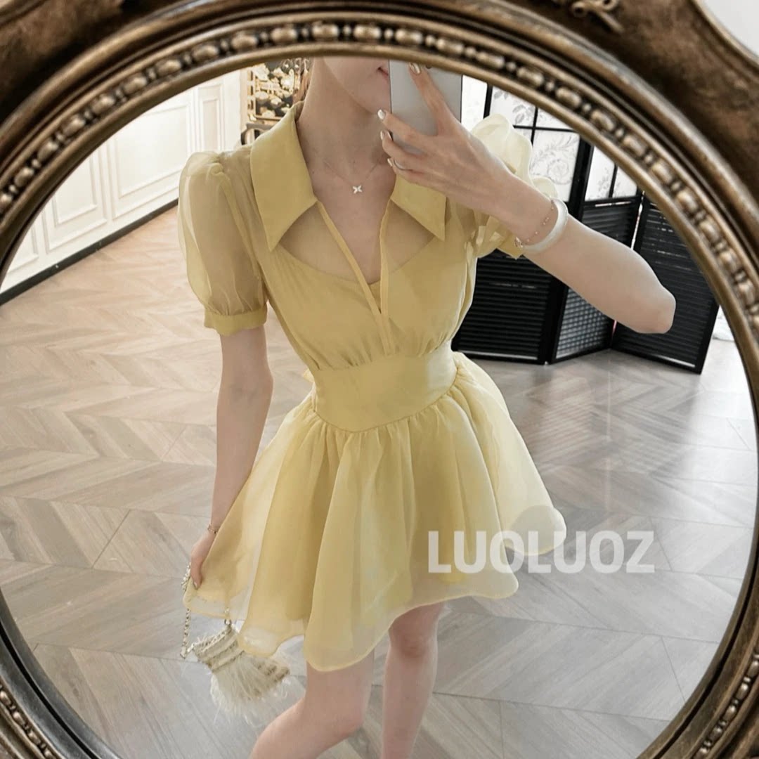 LUOLUOZ【纤腰绝裙】法式黄色泡泡袖连衣裙显瘦气质V领长裙JF1429