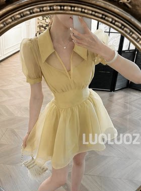 LUOLUOZ【纤腰绝裙】法式黄色泡泡袖连衣裙显瘦气质V领长裙JF1429