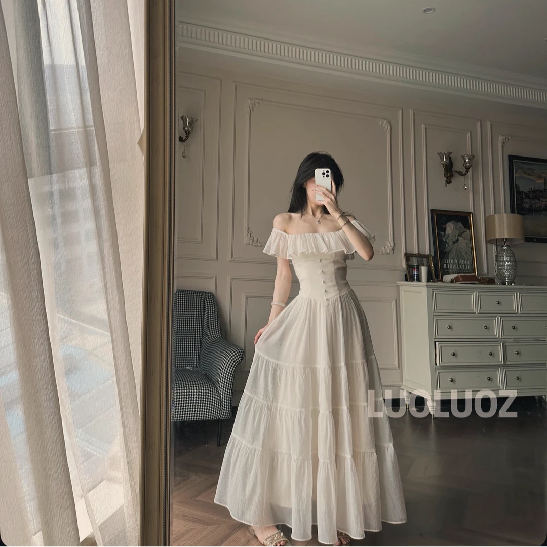 LUOLUOZ【浪漫假日】法式收腰蝴蝶结设计荷叶边时尚连衣裙JF1240