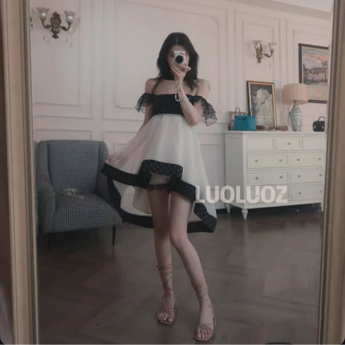 LUOLUOZ【旧梦波影】超仙黑白撞色连衣裙套装 约会战袍度假风短裙