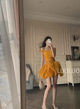 LUOLUOZ【郁金轻舞】一字肩收腰花苞裙显白温柔氛围感连衣裙JF122