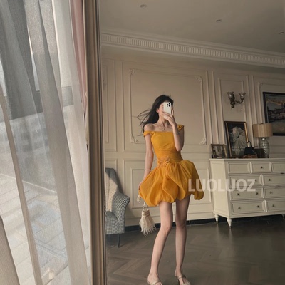 郁金轻舞一字肩收腰显白花苞裙