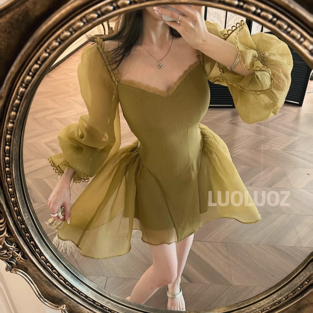 LUOLUOZ【苔痕旧影】法式方领泡泡袖收腰蓬蓬裙显瘦连衣裙夏新款