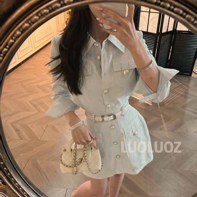 温柔清浅棉质牛仔长袖收腰连衣裙