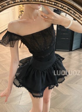 黑纱凝光性感上衣蓬蓬裙裤套装