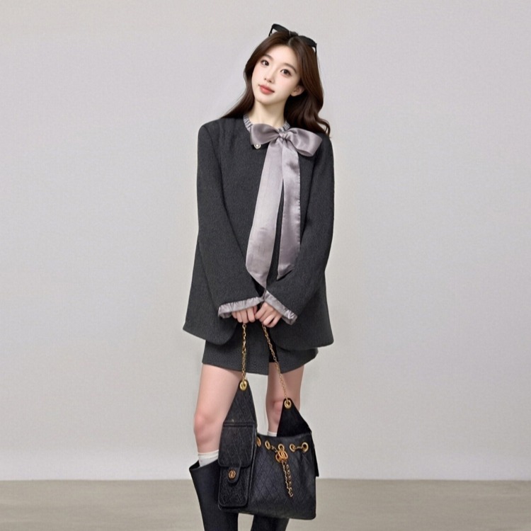 西装套装女法式气质富家千金轻奢蝴蝶结外套A字半身裙羽绒两件套