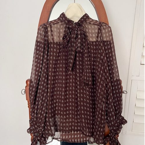 高级感复古提花亮丝雪纺衫早秋法式飘带高知穿搭洋气衬衫漂亮上衣