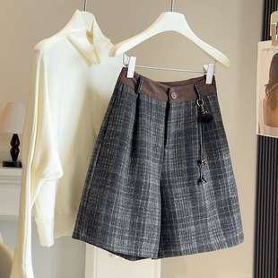 子时尚 裤 百搭宽松靴裤 中裤 复古格子毛呢短裤 五分裤 2025秋冬新款