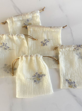 绣花束口袋小布袋棉国风分装整理袋布袋旅行收纳分装包抽拉绳袋