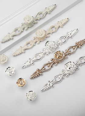 象牙白欧式橱柜拉手 田园玫瑰花抽屉衣柜门拉手 仿古柜门把手包邮