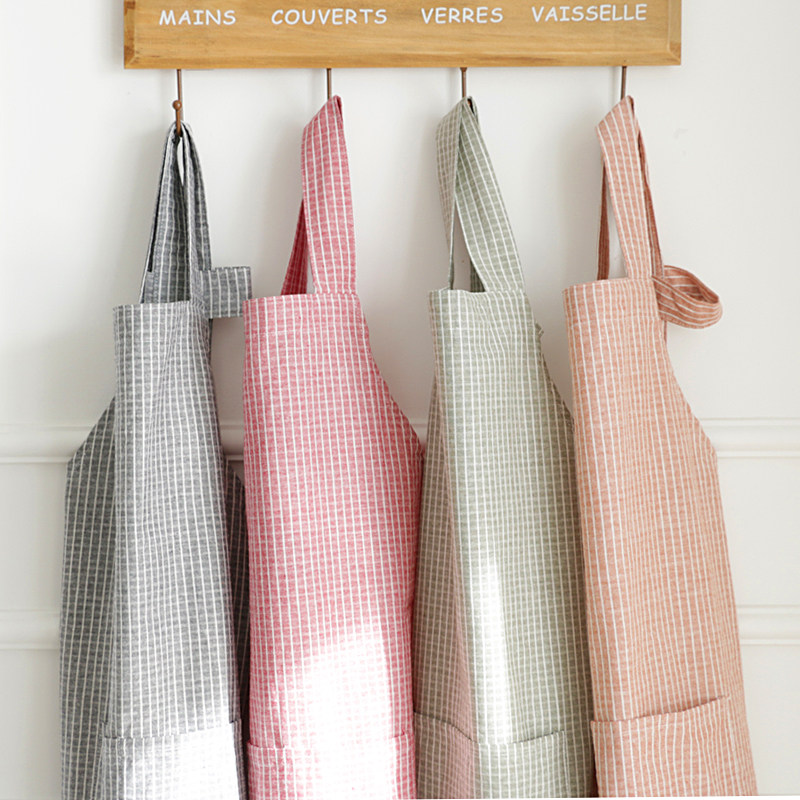 家用厨房围裙日式简约纯棉格子带兜防油防污成人时尚围腰工作服