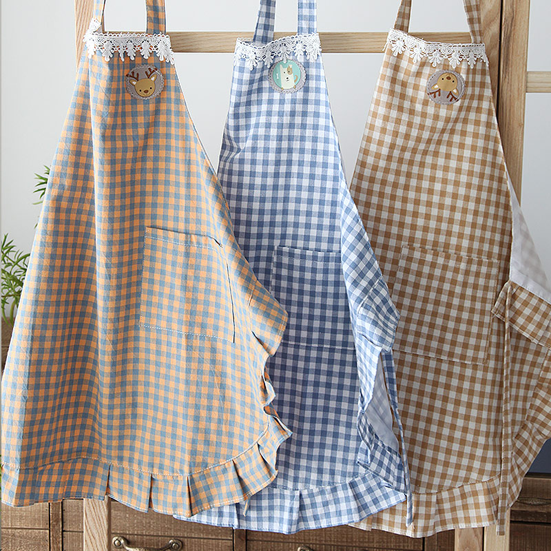 格子围裙带兜韩版时尚挂脖防污
