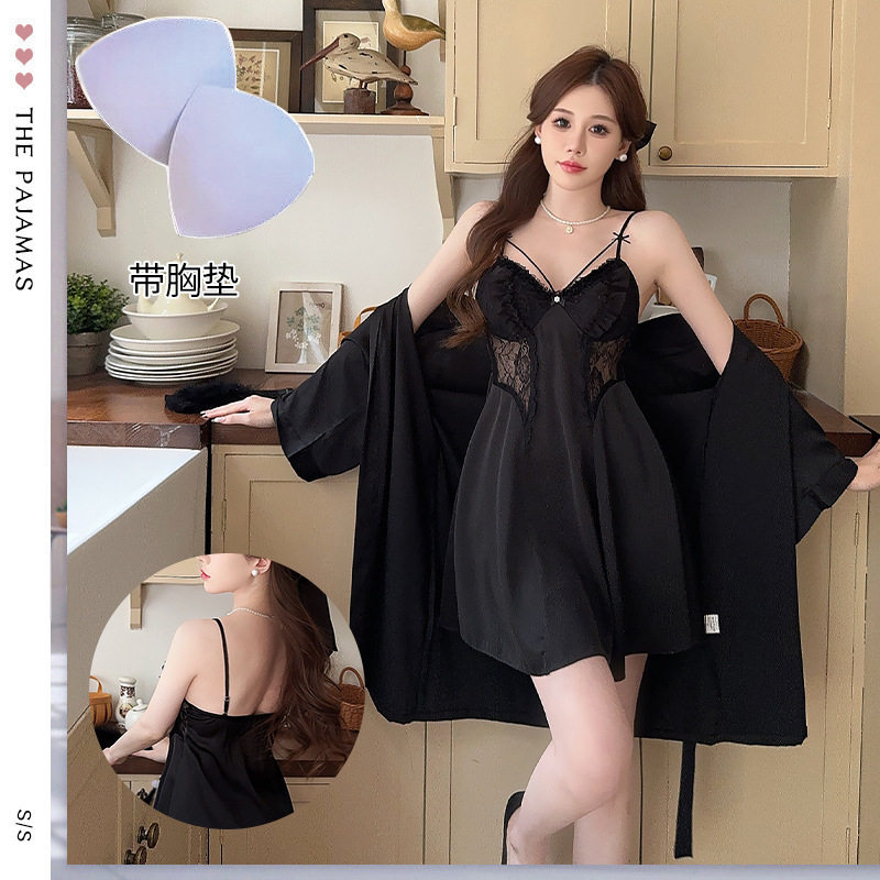 带胸垫夏季女睡衣套装性感吊带裙睡袍/浴袍