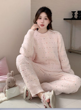 秋冬加厚半边绒粉色点点睡衣女