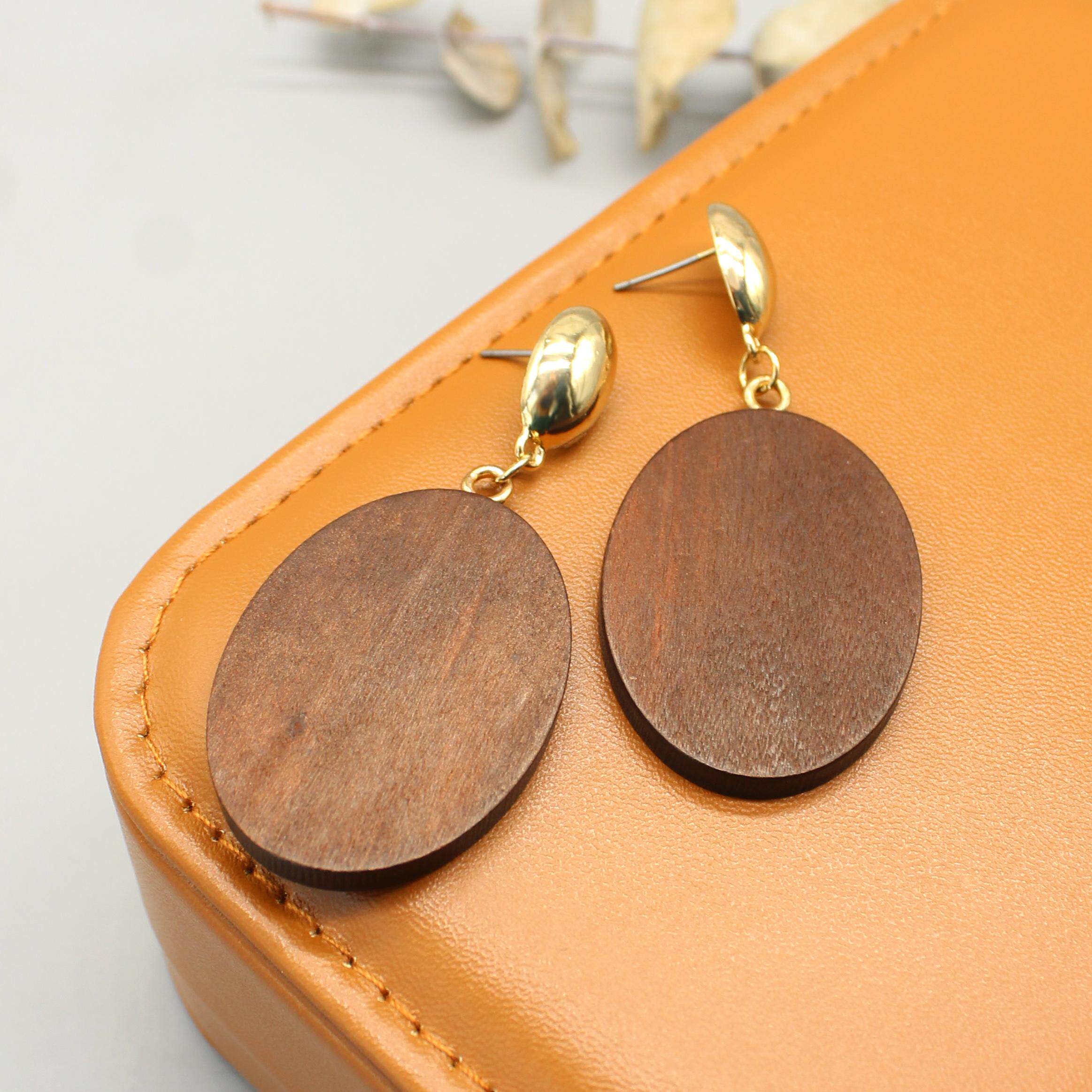 欧美复古几何椭圆木质耳环个性小众夸张设计感圆形耳坠女中古耳坠