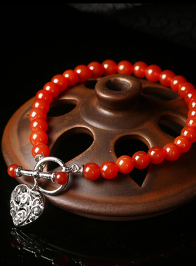 诗美琪 925银中国红玛瑙心锁女士本命年礼物手链