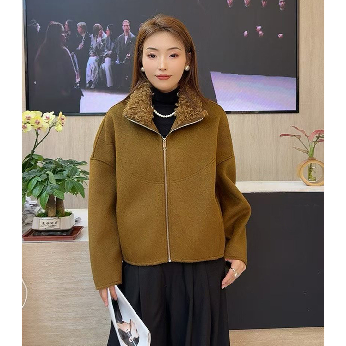 高端欧货2026秋冬新款立领拉链双面羊毛大衣女羊毛领设计时尚外套