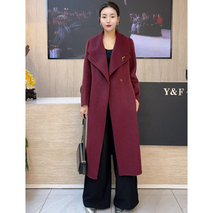 高端赫本风双面羊绒大衣女2025冬季新款安可拉红系带中长款外套潮