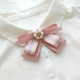 夏新珍珠钻樱花粉色条纹双层蝴蝶结飘带胸针领口装饰手作少女领结