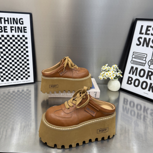 2299 交叉绑带松糕鞋 拖鞋 舒适圆头深口鞋 女棕色厚底增高勃肯鞋