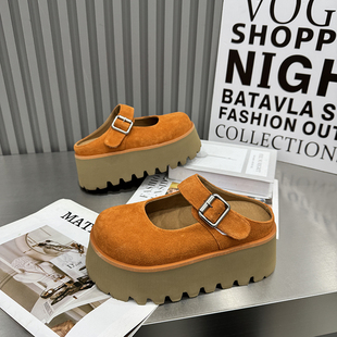 女外穿一脚蹬增高包头半拖鞋 拖松糕鞋 春季 鞋 韩版 厚底真皮凉鞋