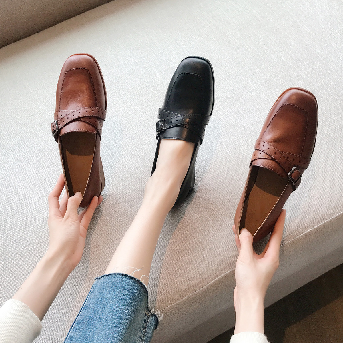joy早春万搭神器~复古棕真皮方头乐福鞋女一脚蹬单鞋低跟春季新款