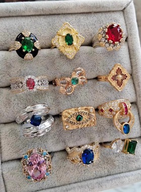 女铜镀银复古戒指圈环镶嵌草莓晶