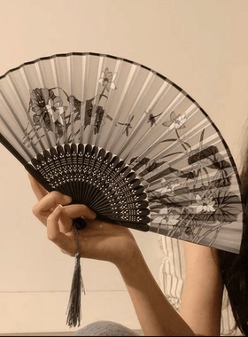 中国风黑色水墨画旗袍扇子随身夏天古风中式流苏折扇便携汉服