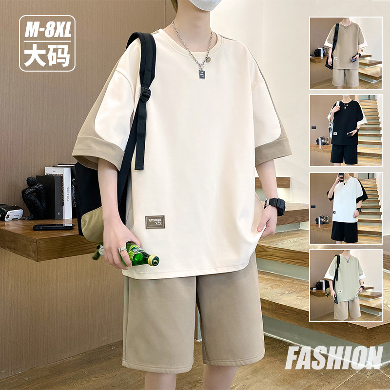 夏季短袖套装男青少年学生运动休闲短裤潮牌大码两件套宽松潮流