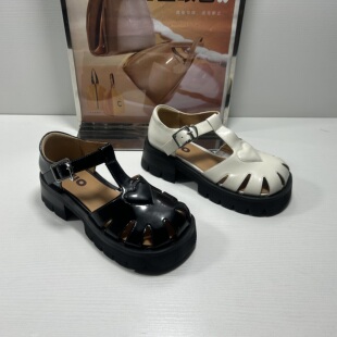 撤柜正品 米奥夏粗高跟真皮女鞋 英伦风包头镂空圆头罗马凉鞋 女 MIO