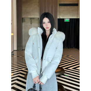 实拍现货白鸭绒狐狸毛领羽绒服外套连帽立领派克服女厚款 冬