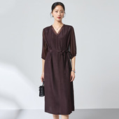 V领高端气质系带重磅桑蚕丝真丝长裙v领新款 连衣裙女2026夏季 中袖