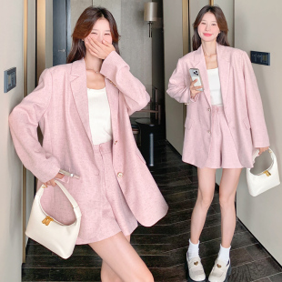 套装 春秋新款 西服外套搭配小短裤 领宽松中长款 小众设计英伦风西装