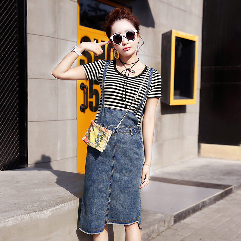 韩版夏装新款高腰显瘦不对称下摆纯色中长款细带彩色牛仔背带裙在类目 女装/女士精品, 半身裙中 - 来自Buy2taobao.com提供专业的淘宝代购服务