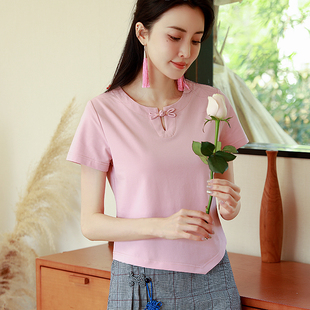 中国风女茶服短袖 短款 圆领盘扣冰瓷棉打底衫 T恤女装 纯棉上衣 夏季