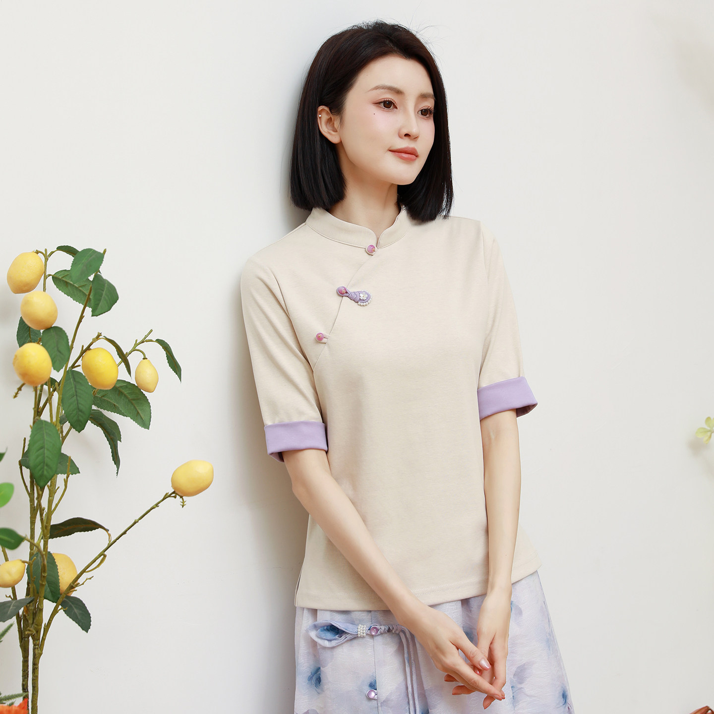 新中式T恤秋季新款立领复古盘扣上衣五分袖纯棉打底衫茶服唐装女