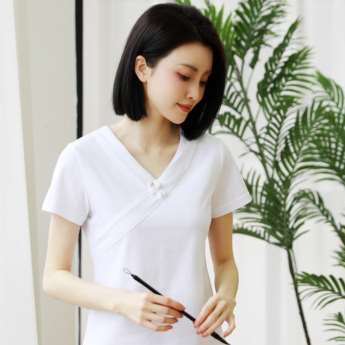 冰瓷棉T恤新中式女装夏季盘扣复古V领打底衫禅衣茶服短袖纯棉上衣