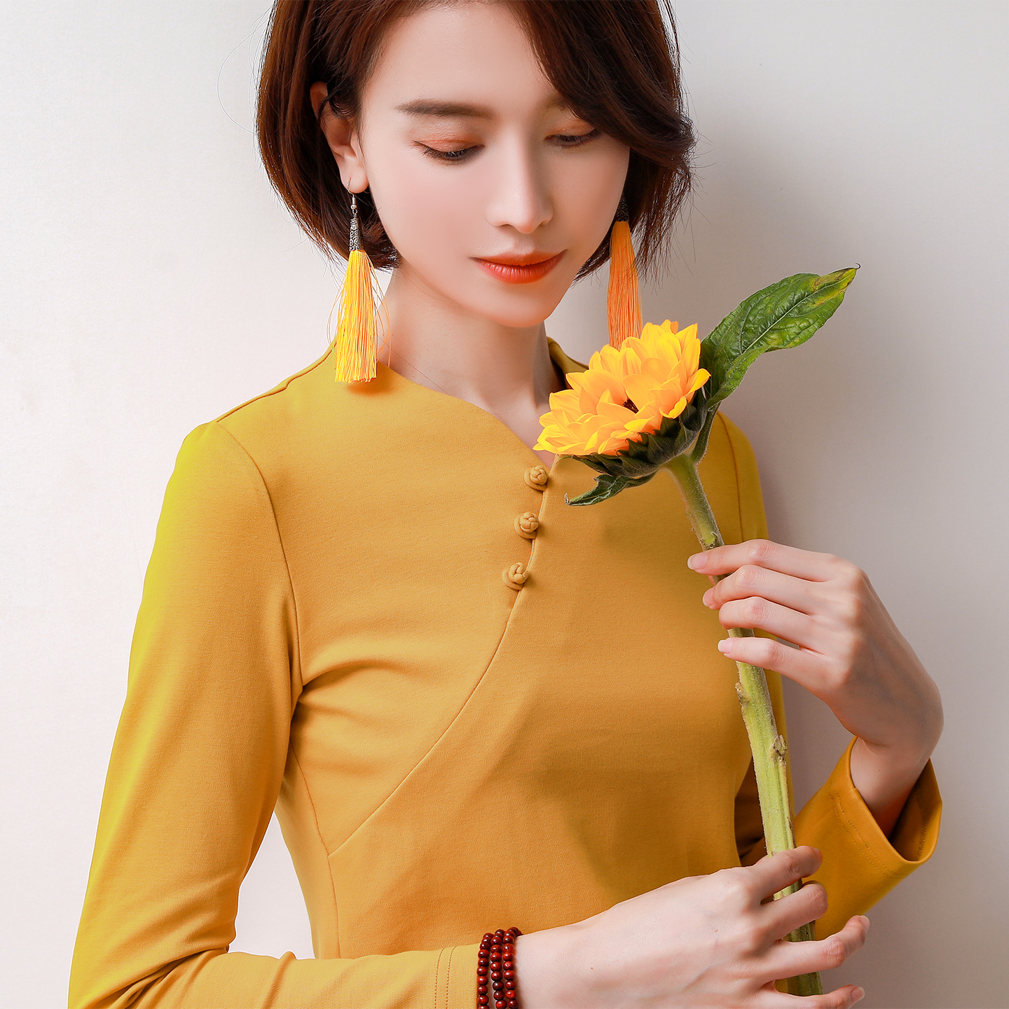 长袖民族风T恤手工盘扣女纯棉女