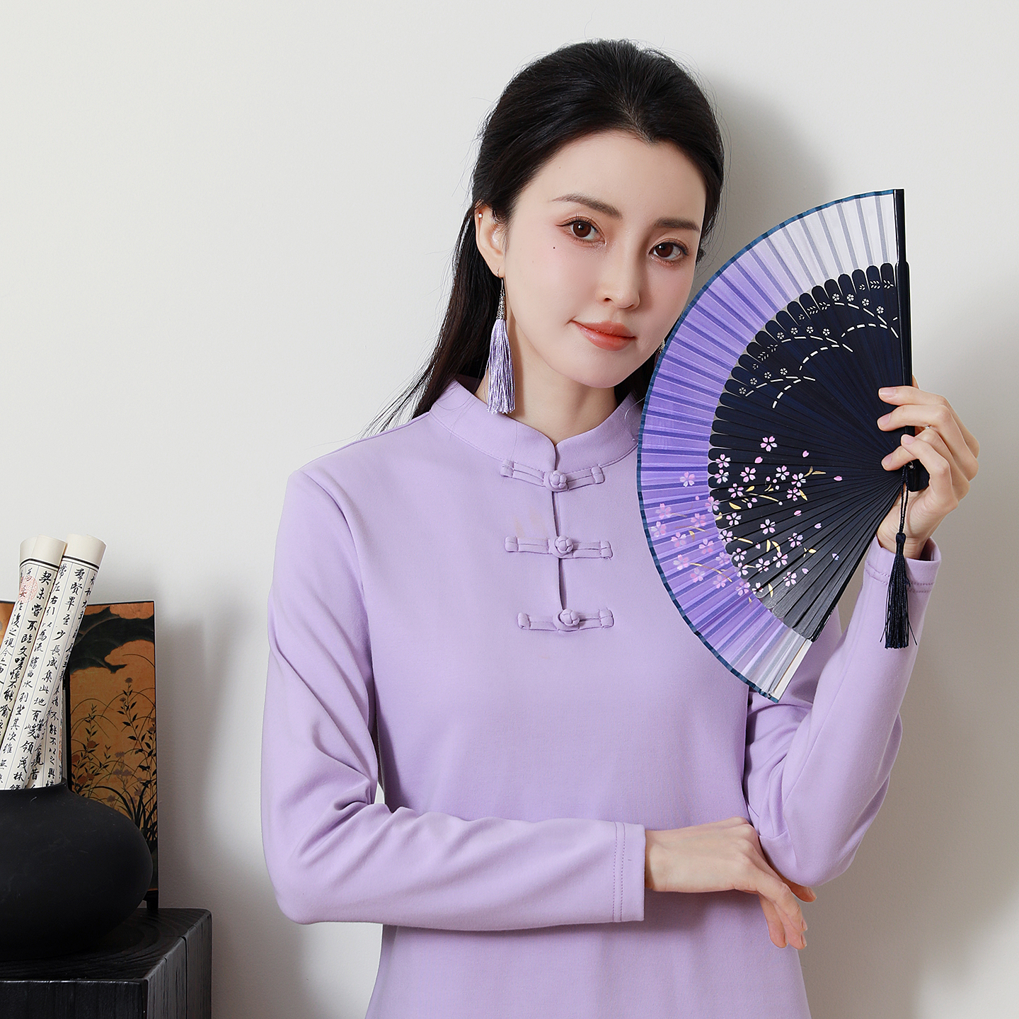 中国风长袖t恤盘扣女装茶服纯棉