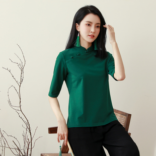 纯棉T恤新款中国风立领复古盘扣上衣五分袖打底衫斜襟茶服唐装女