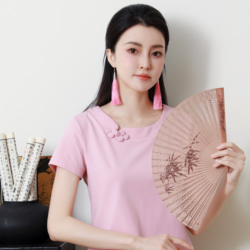 纯棉T恤新中式女装夏季盘扣复古V领打底衫内搭禅衣茶服短袖上衣