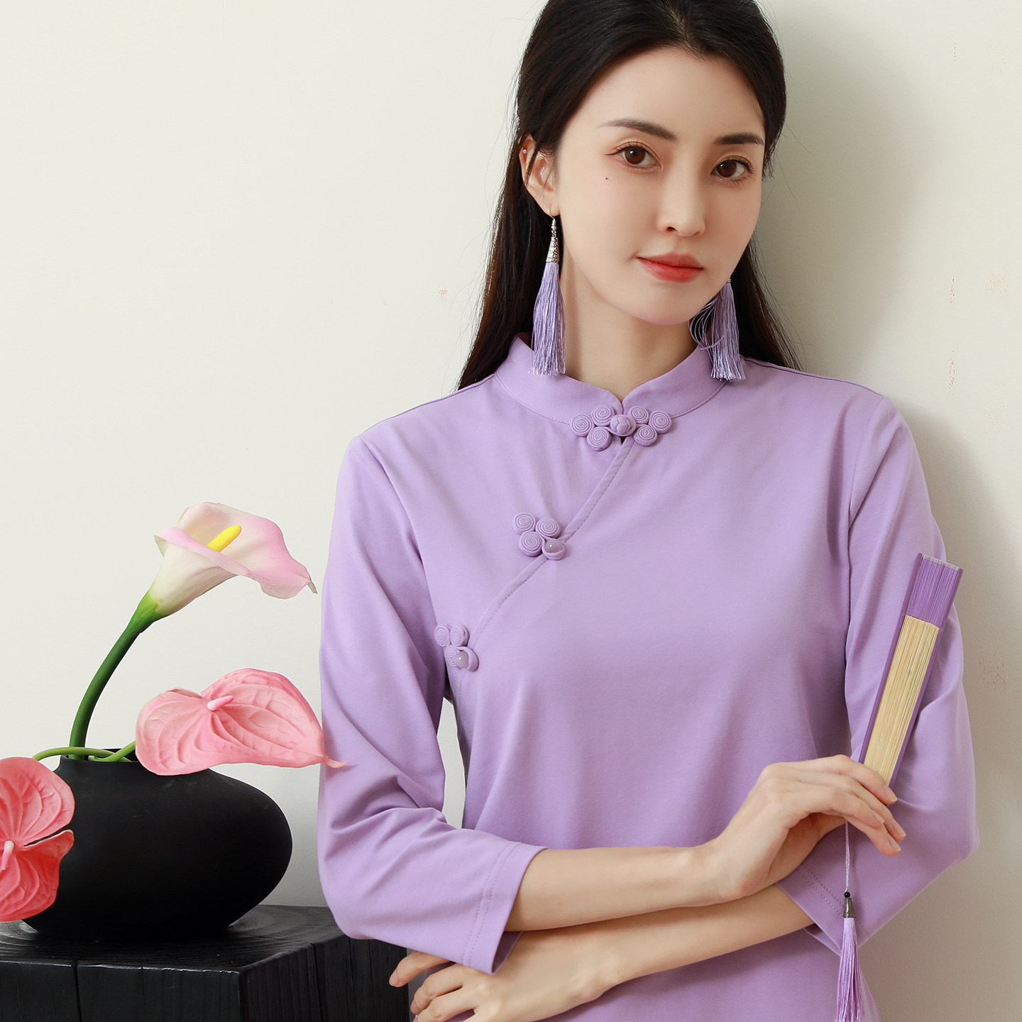 纯棉T恤秋季新款新中式七分袖打底衫立领盘扣复古茶服女汉服上衣