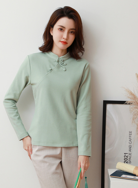 中国风T恤复古德绒盘扣打底衫长袖上衣秋冬新款加厚中式禅衣茶服