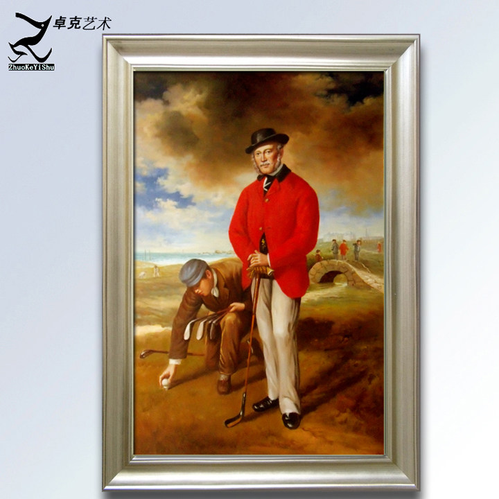 纯手绘打高尔夫球绅士油画办公室休闲玄关挂画有框运动装饰画卓克