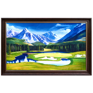 手绘高尔夫球场绿色草原雪山油画大幅壁画横版 饰画卓克风景 休闲装